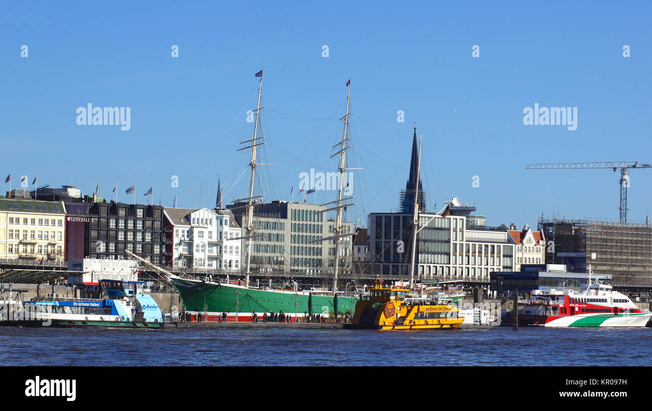 HAMBURG, GERMANY - MARCH 8th, 2014: view of Binnenhafen pier in Hamburg city in spring. This is inland piers, the oldest part of the port on the river Elbe Stock Photo