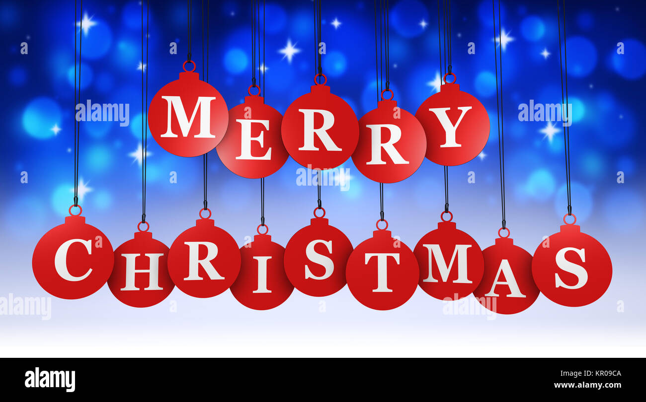 Merry Christmas greeting card message on hanged red bauble shaped tags 3D illustration on blue background. Stock Photo