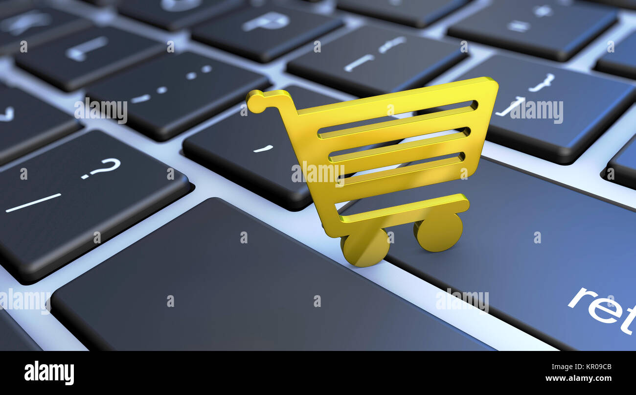 Online shopping and e-commerce concept with golden icon on a computer keyboard 3D illustration. Stock Photo