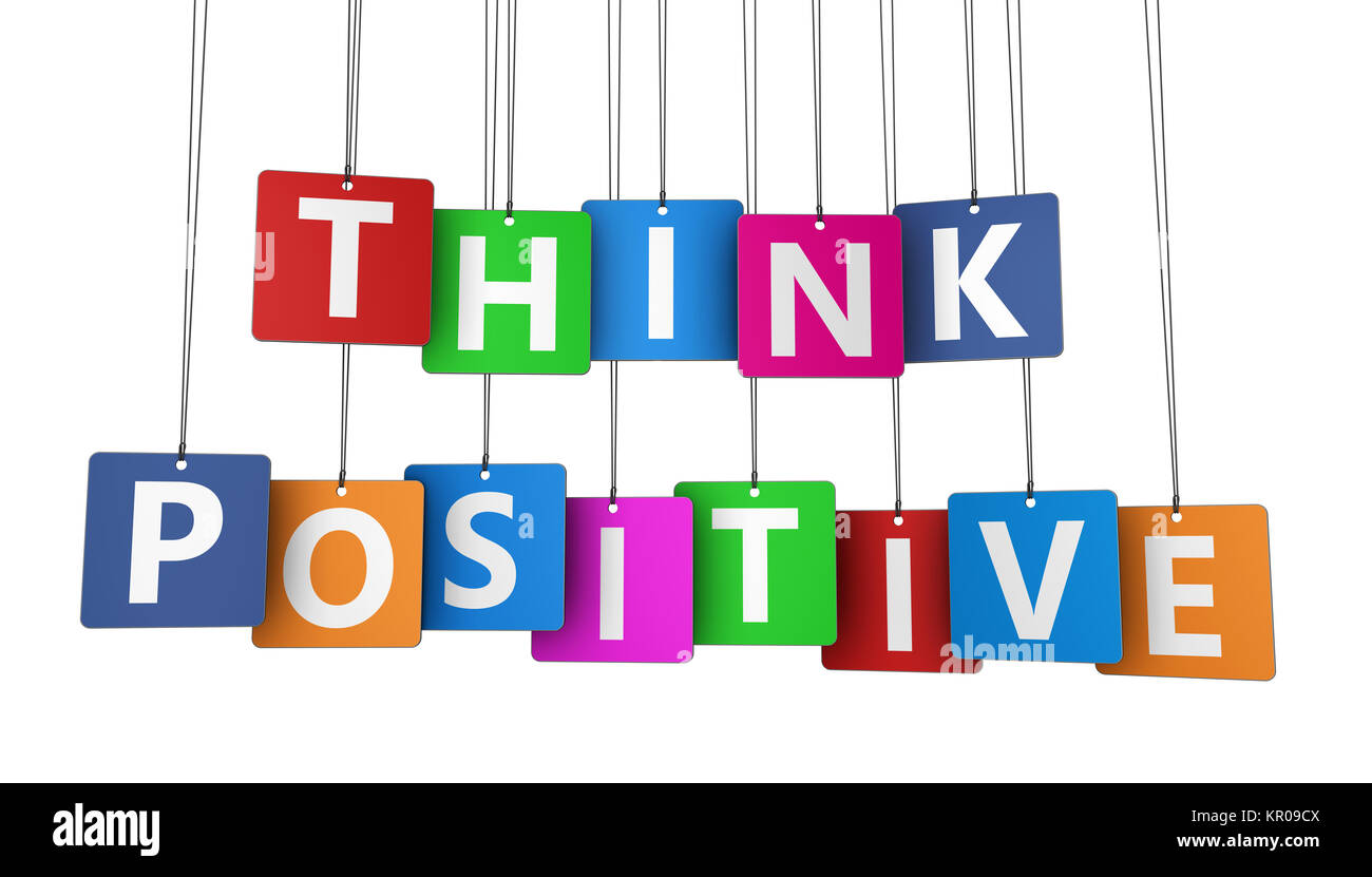Think positive motivational message on colorful hanged paper tags 3D illustration on white background. Stock Photo