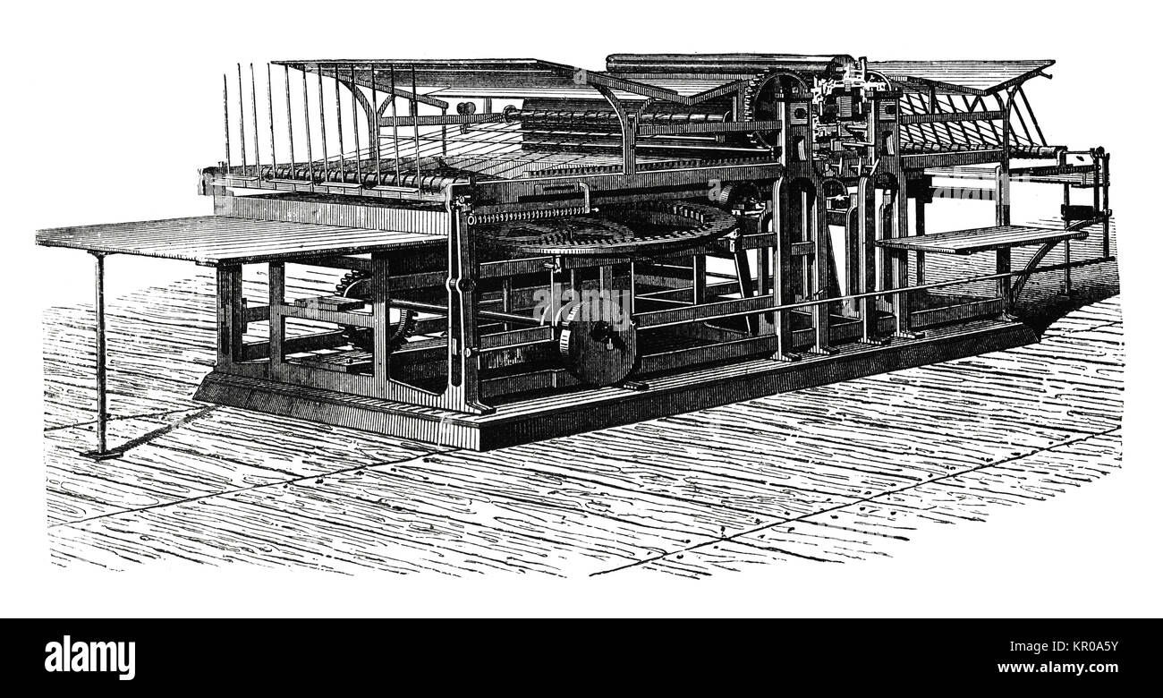 Double printing press used in XIX century for printing newspapers and books. Antique engraving Stock Photo