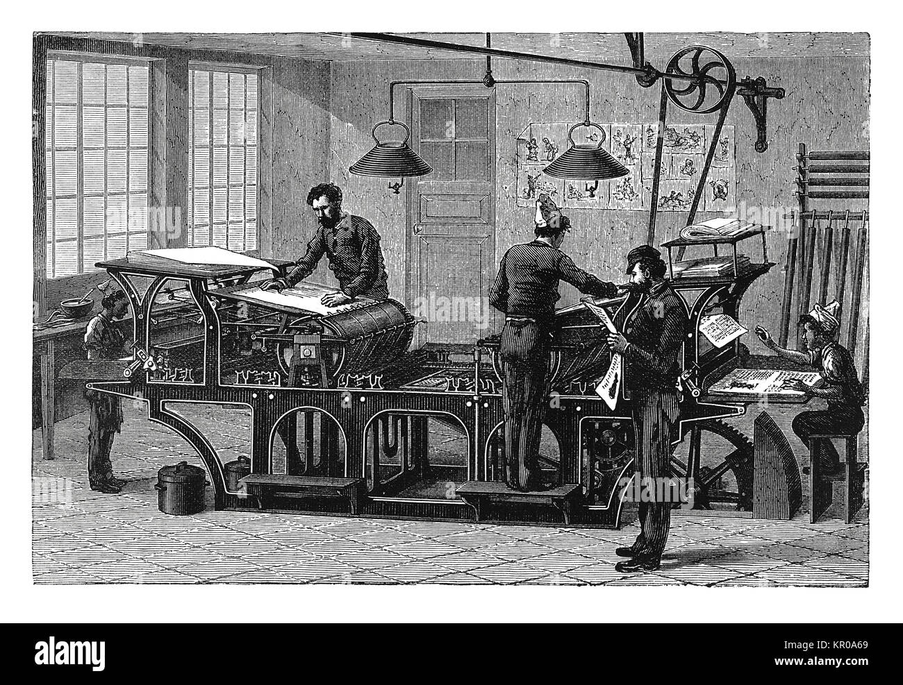 Double printing press in workshop (antique engraving) Stock Photo