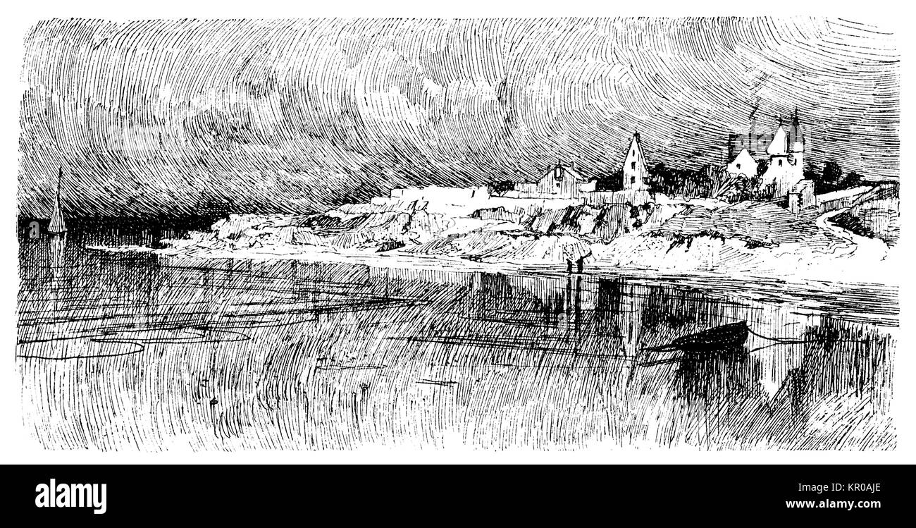 Between the showers, Lorient, France, line drawing by Frank L Emanuel, from 1894 Studio Magazine Stock Photo