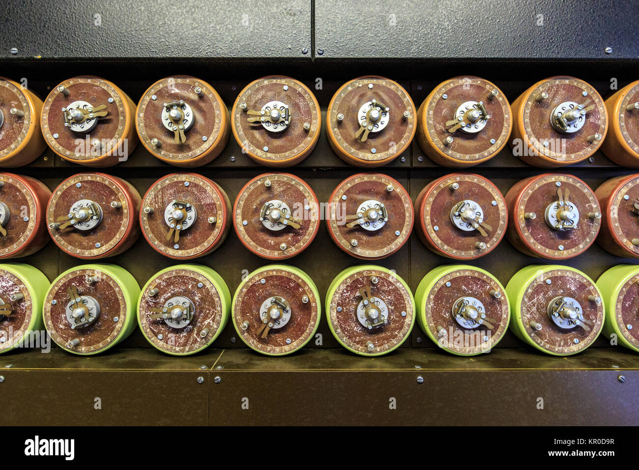 Drums ready for use on the rebuilt Bombe decryption machine at Bletchely Park, England Stock Photo