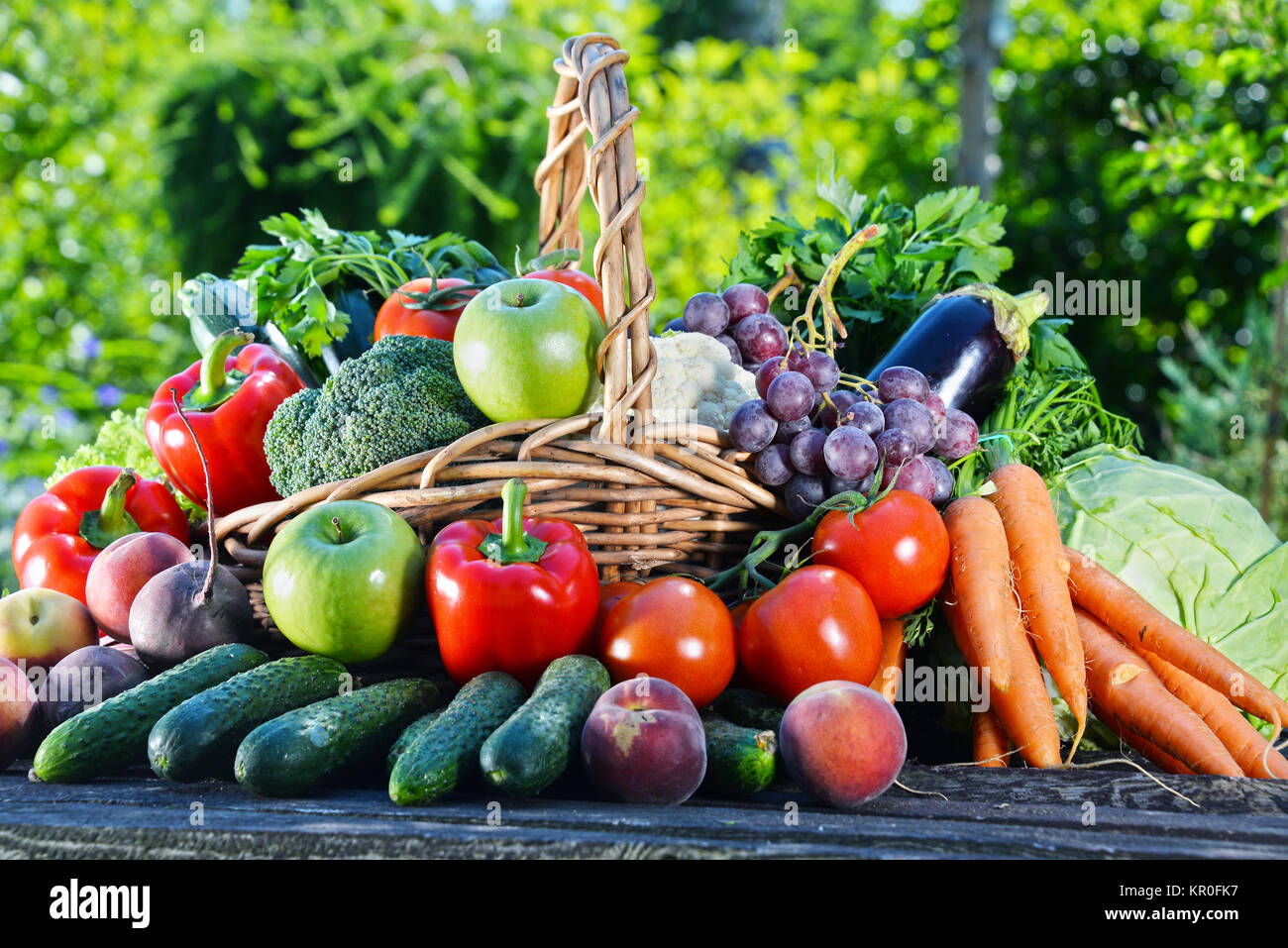 Variety of fresh organic vegetables and fruits in the garden Stock ...