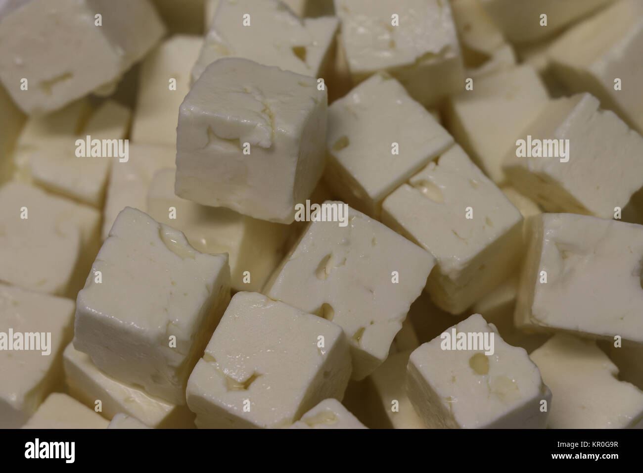 Feta cheese cubes in closeup scene Stock Photo Alamy