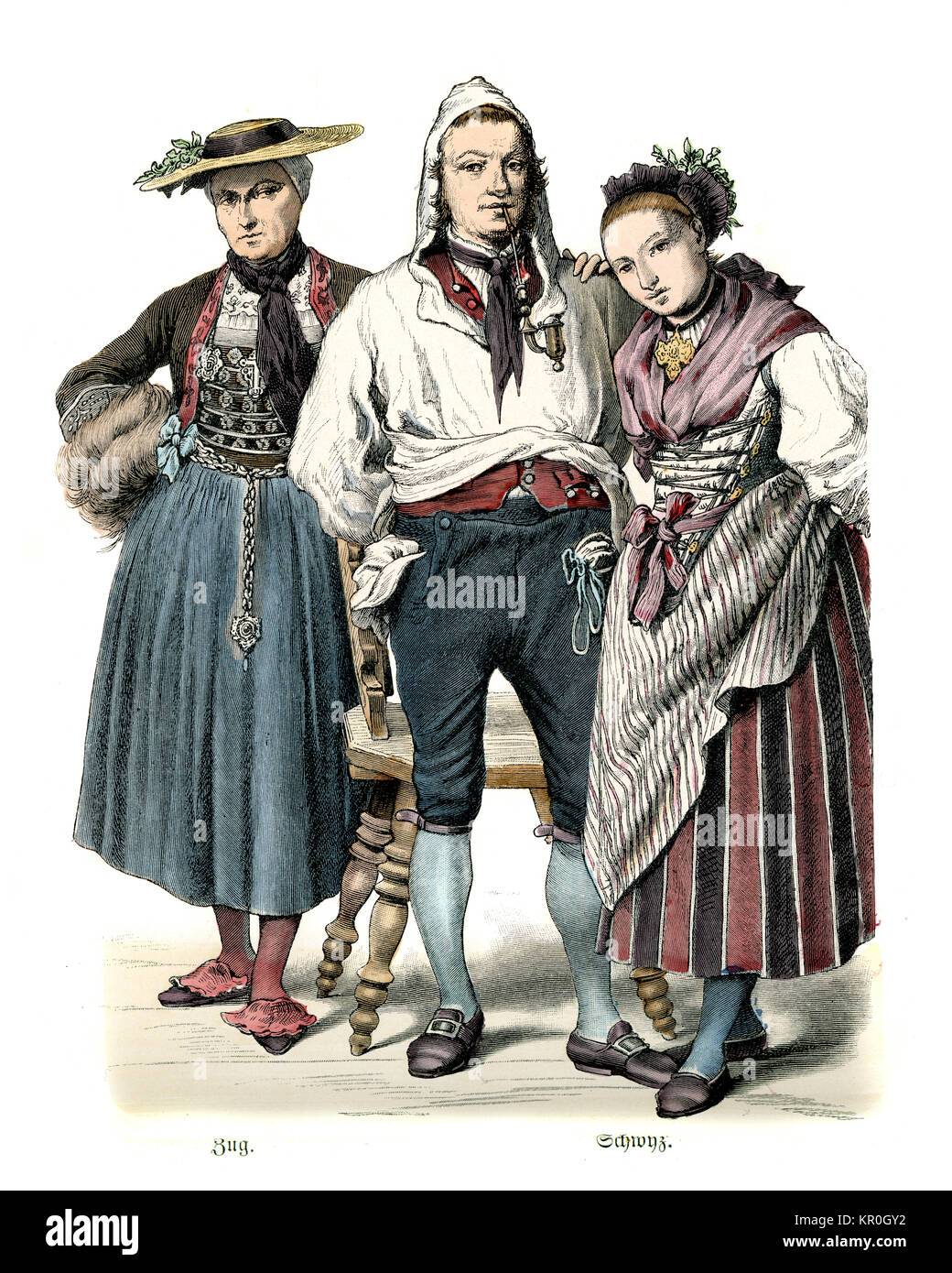 History of Fashion, Costumes of Swiss women and man of the late 19th Century. Zug and Schwyz Stock Photo