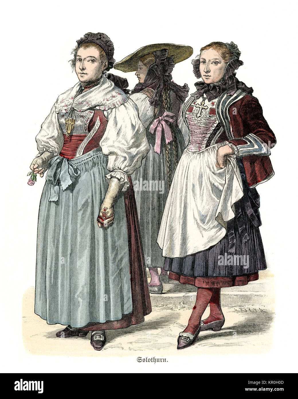 History of Fashion, Costumes of Swiss women of the late 19th Century. Solothurn Stock Photo