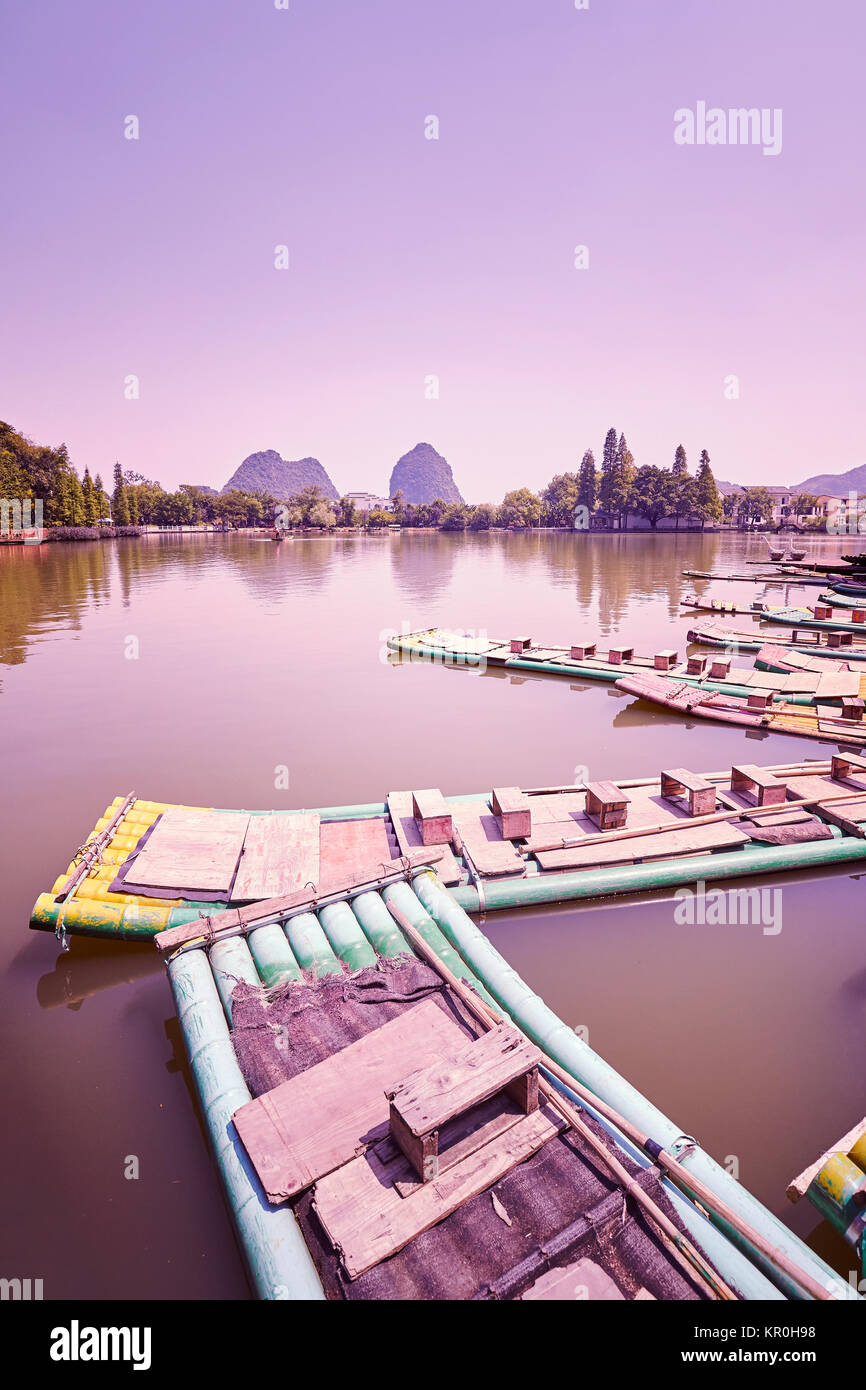 Color toned picture of bamboo rafts, Guilin, China. Stock Photo