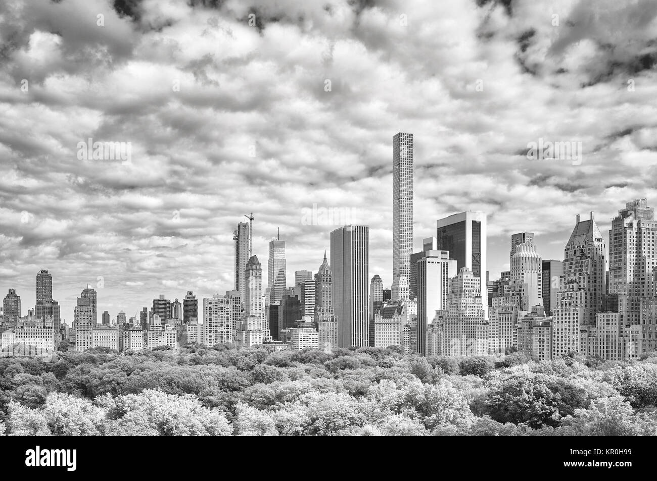 Black and white picture of the New York City skyline over Central Park, USA. Stock Photo