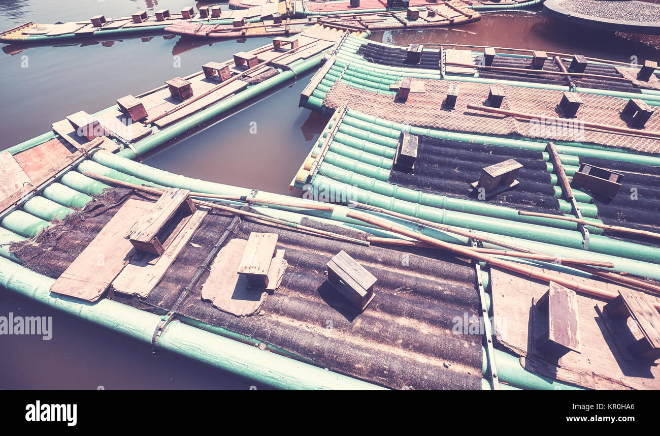 Color toned picture of bamboo rafts, Guilin, China. Stock Photo