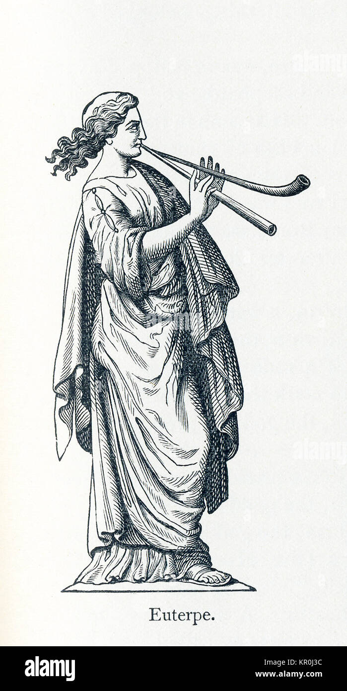 This illustration dates to 1898 and shows a statue of Euterpe. Euterpe was honored as the Muse of music, song, and lyric poetry. In Greek and Roman mythology, the Muses were nine daughters of Zeus and Mnemosyne (goddess of memory). There were honored as the patrons of arts and sciences. Calliope was the head muse, and Apollo, the god of prophecy and song, was their leader. Stock Photo