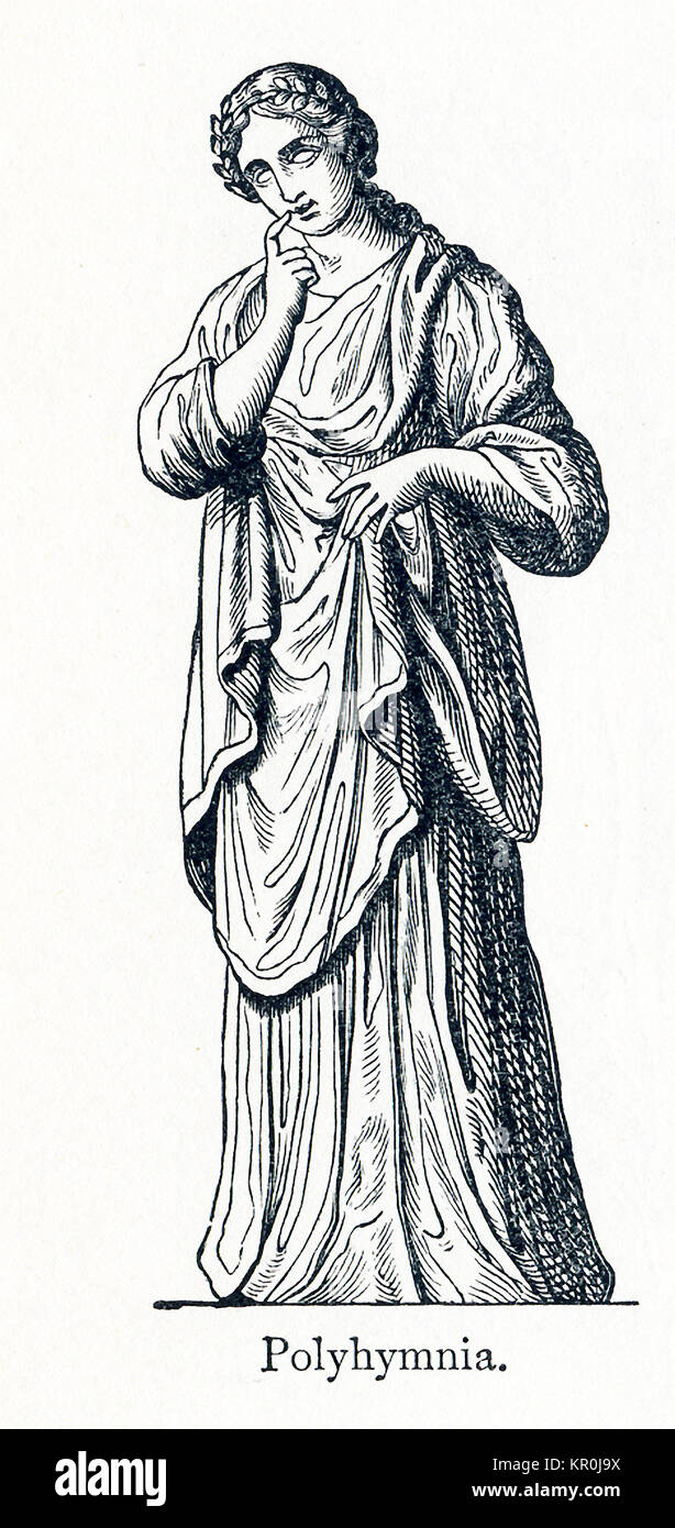 This illustration dates to 1898 and shows a statue of Polyhymnia. Polyhymnia was honored as the Muse of hymns. In Greek and Roman mythology, the Muses were nine daughters of Zeus and Mnemosyne (goddess of memory). There were honored as the patrons of arts and sciences. Calliope was the head muse, and Apollo, the god of prophecy and song, was their leader. Stock Photo