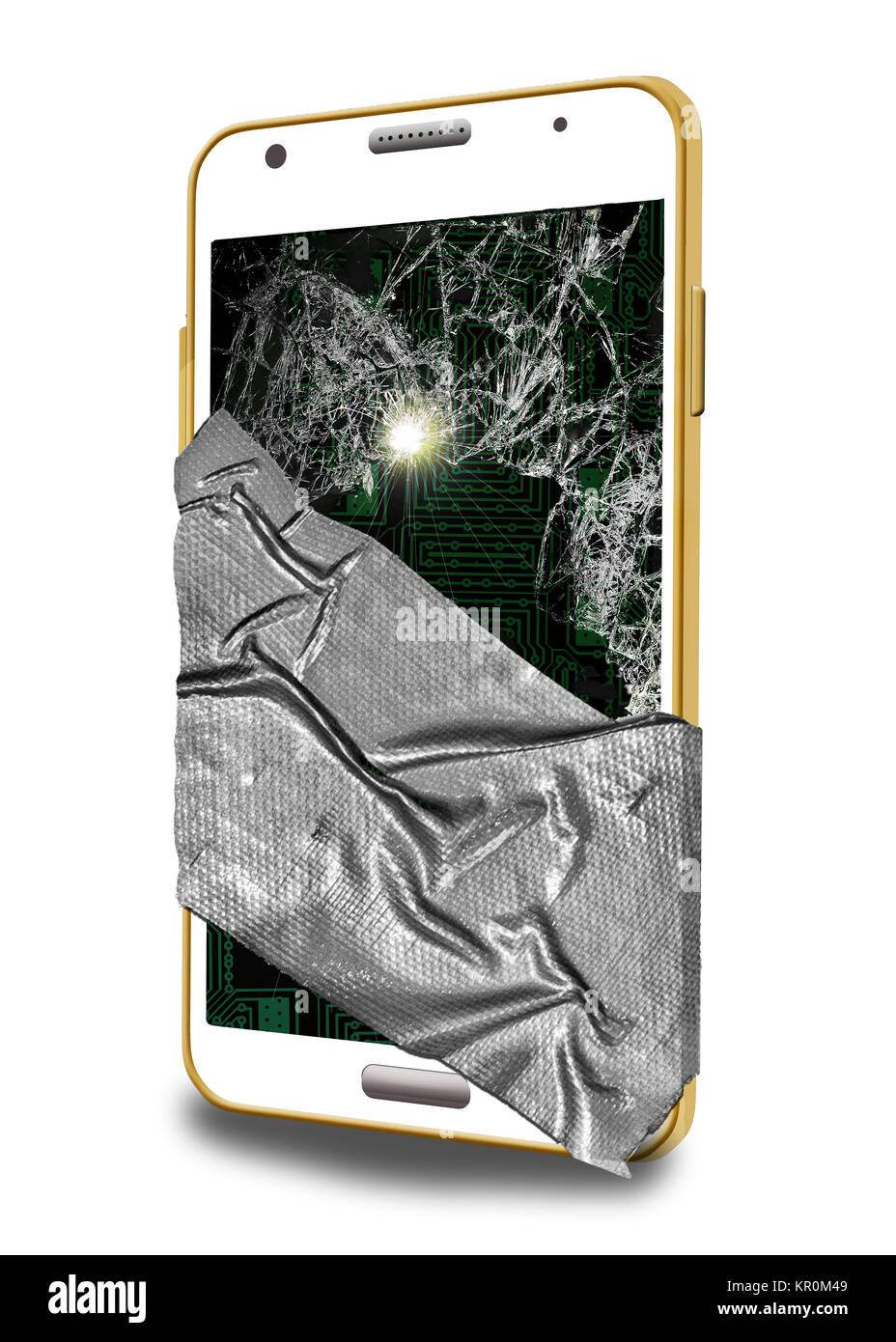 A broken cell phone is cracked, smoking and covered in duct tape in an
