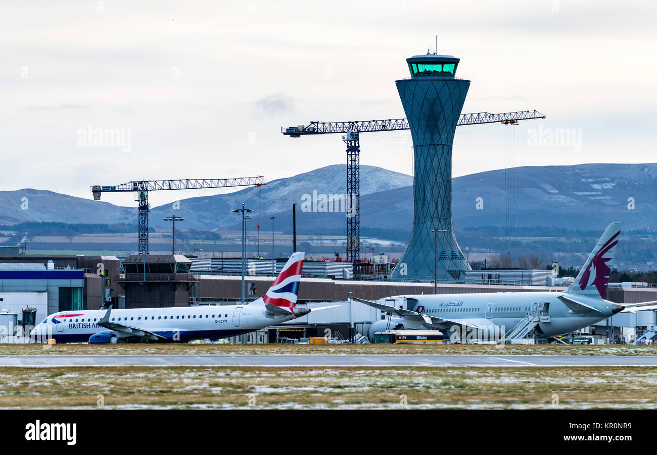 View of aircraft parked at terminal at Edinburgh Airport in Scotland, United Kingdom Stock Photo