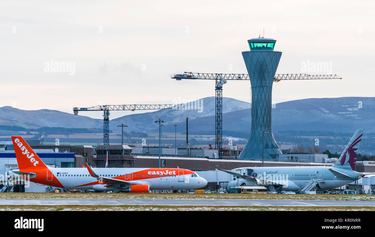 View of aircraft parked at terminal at Edinburgh Airport in Scotland, United Kingdom Stock Photo