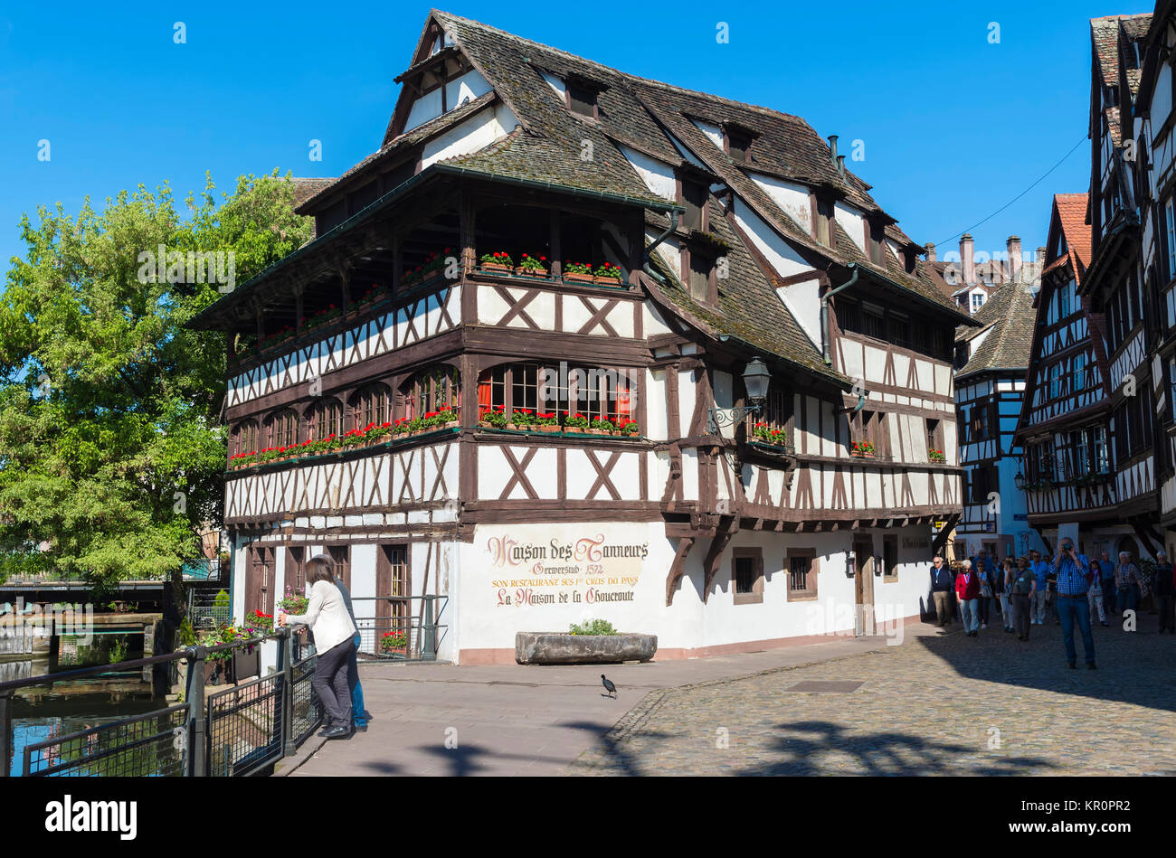 Maison des Tanneurs and timbered houses along the ILL canal, Petite France District, Strasbourg, Alsace, Bas-Rhin Department, France Stock Photo