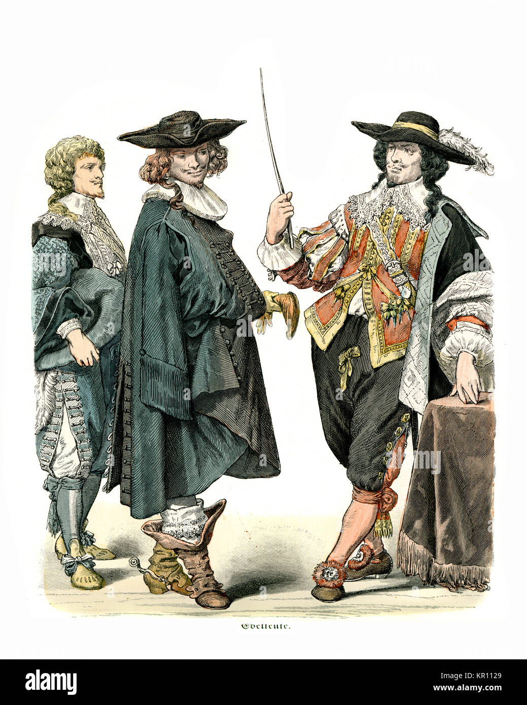 History of Fashion, Costumes of French noblemen of the mid 17th Century Stock Photo