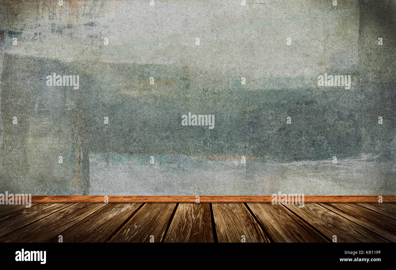 Background of the old concrete wall with natural grunge texture and old wooden floor. Stock Photo