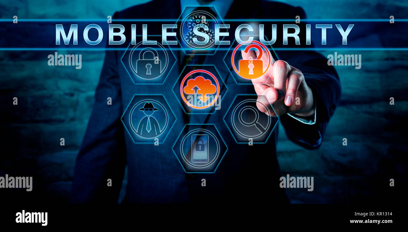 Industry professional Pressing MOBILE SECURITY Stock Photo