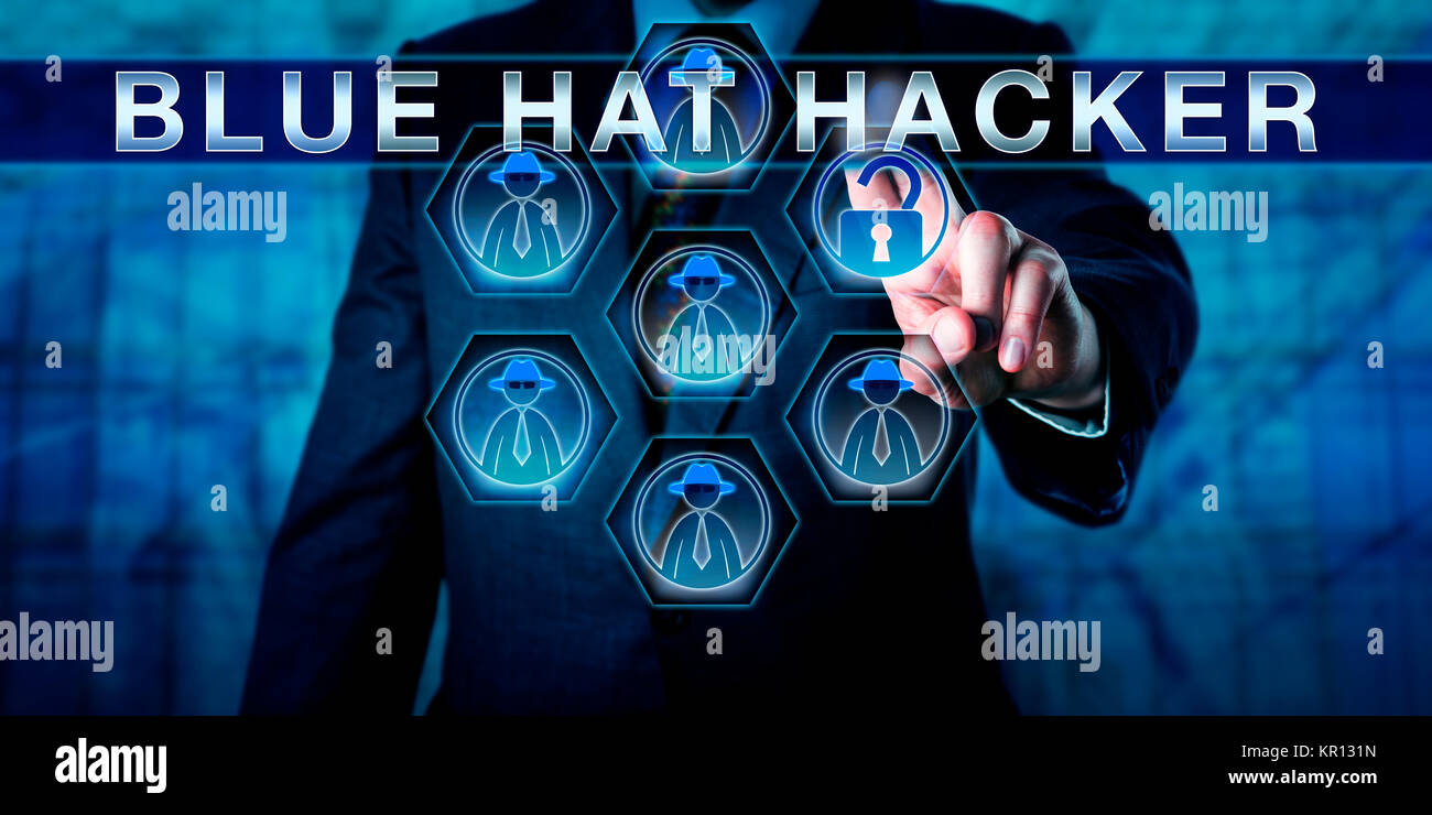 Male Software Developer Touching BLUE HAT HACKER Stock Photo - Alamy