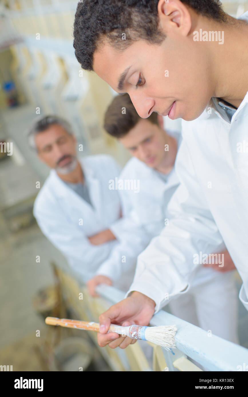 Apprentice painting railing Stock Photo Alamy