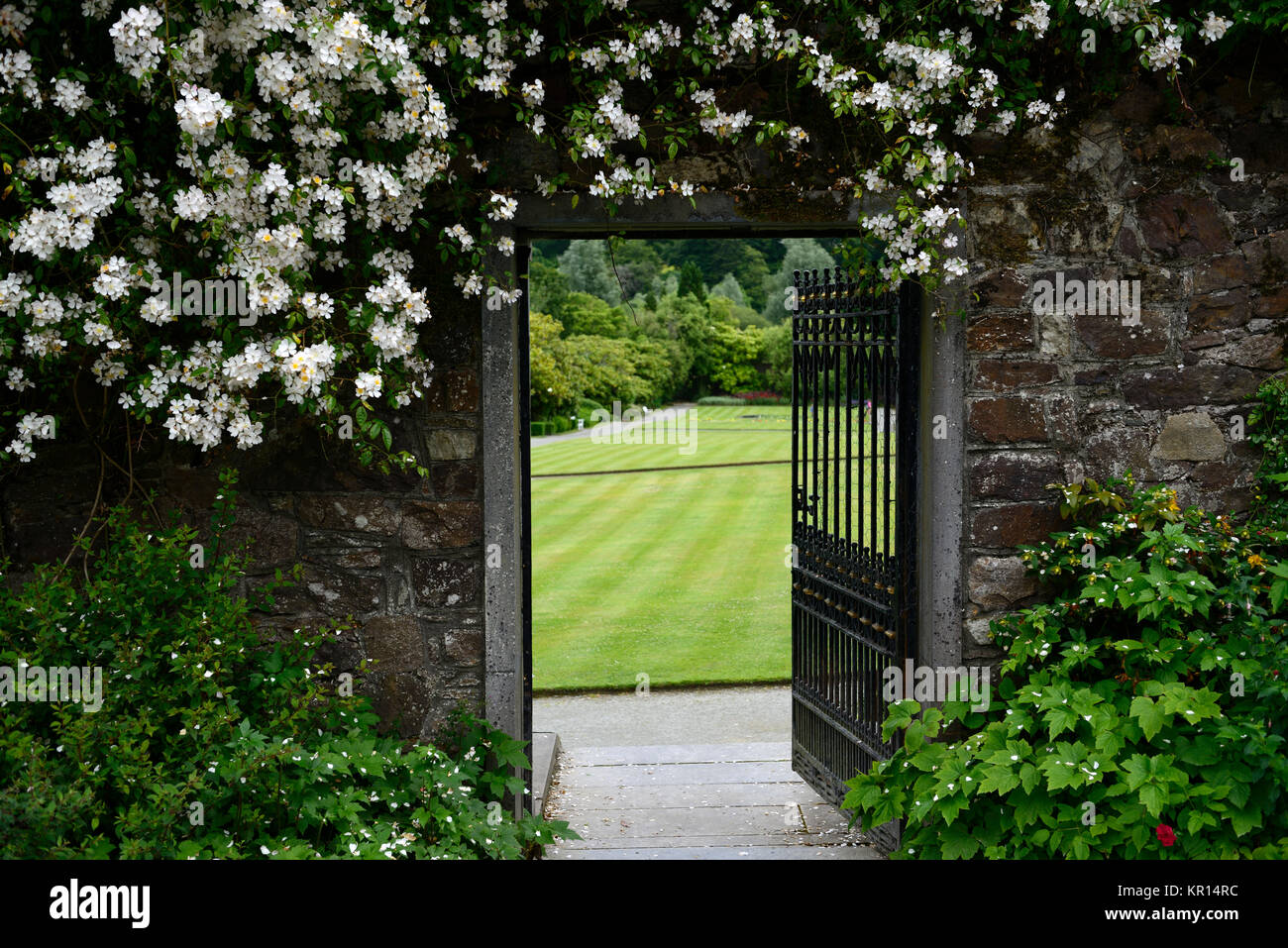 mount congreve gardens,bell gate,walled garden,gate,entrance,exit,slope,sloped,lawn,formal,gardens,historical,RM Floral Stock Photo