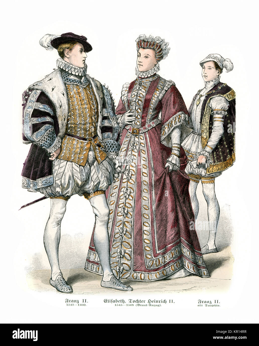 Costumes of France 16th Century, Francis II, Elizabeth, daughter of Henry  II, bridal costume and Francis II as Dauphin Stock Photo - Alamy