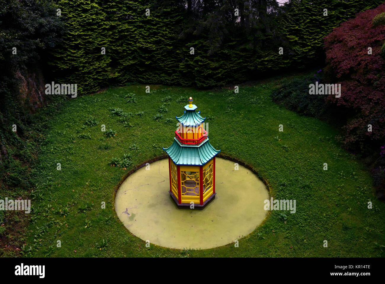 Chinese pagoda,mount congreve gardens, waterford, ireland ,garden feature, hut, house ,centerpiece, colorful,colourful, RM floral Stock Photo