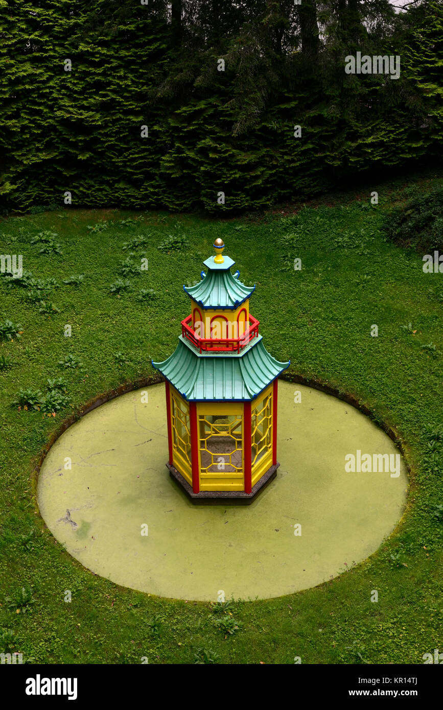 Chinese pagoda,mount congreve gardens, waterford, ireland ,garden feature, hut, house ,centerpiece, colorful,colourful, RM floral Stock Photo