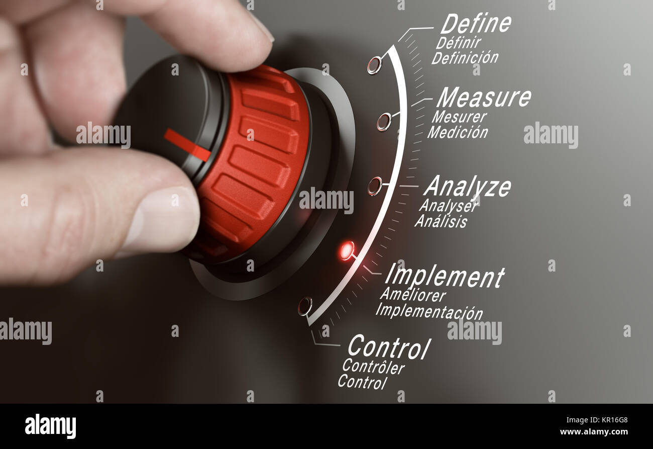 Hand turning a DMAIC knob over grey background and selecting the different phases. Lean management training concept. Composite image between a hand ph Stock Photo