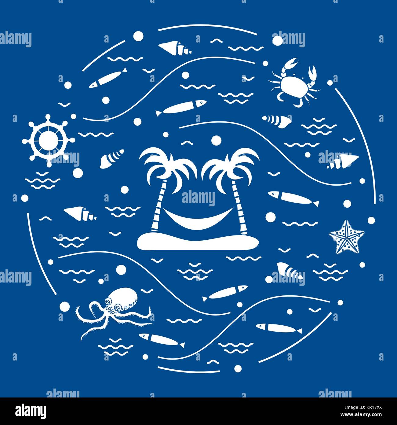 Cute vector illustration with octopus, fish, island with palm trees and