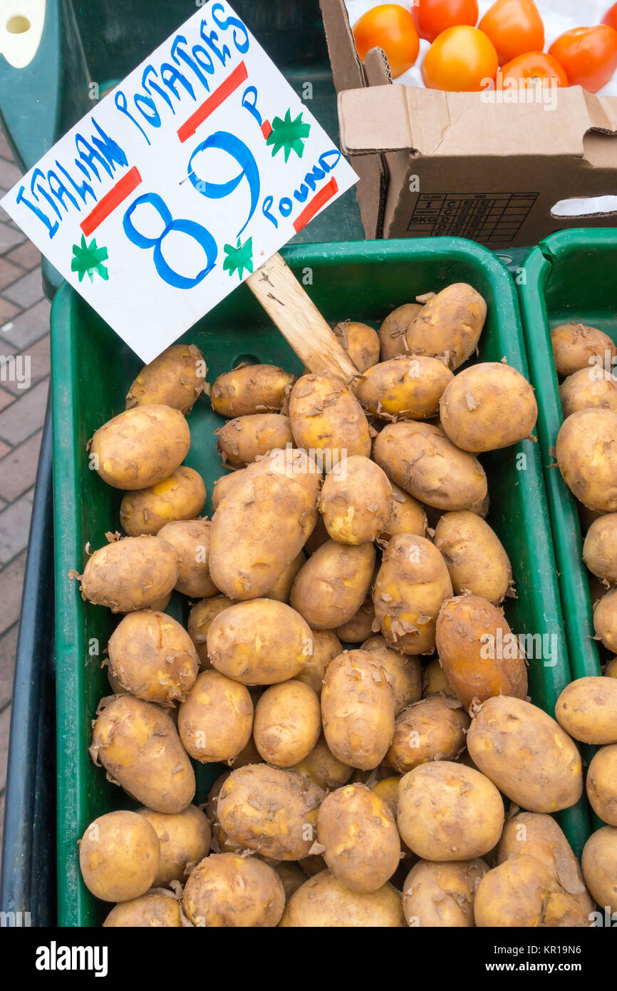 Italian new potatoes in a greengrocers shop in North Yorkshire in mid
