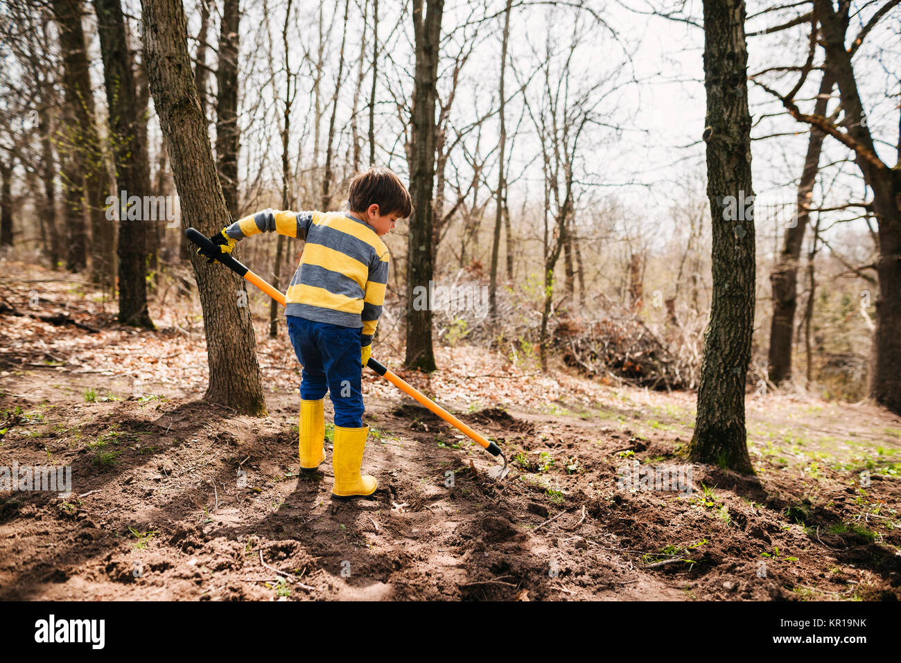 Boy in a garden digging soil with a hoe Stock Photo