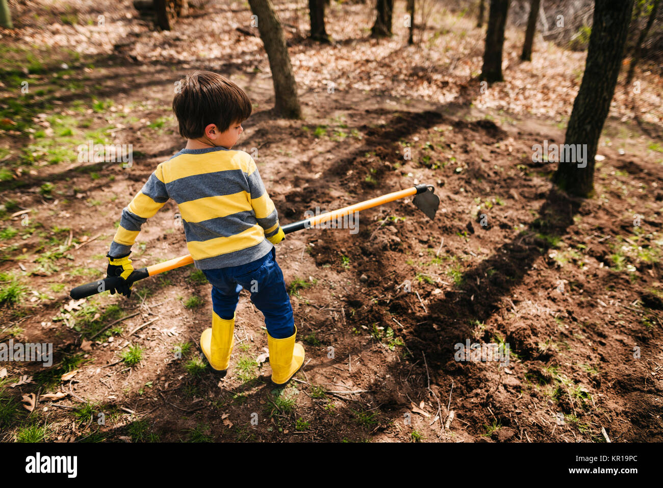 Boy in a garden digging soil with a hoe Stock Photo