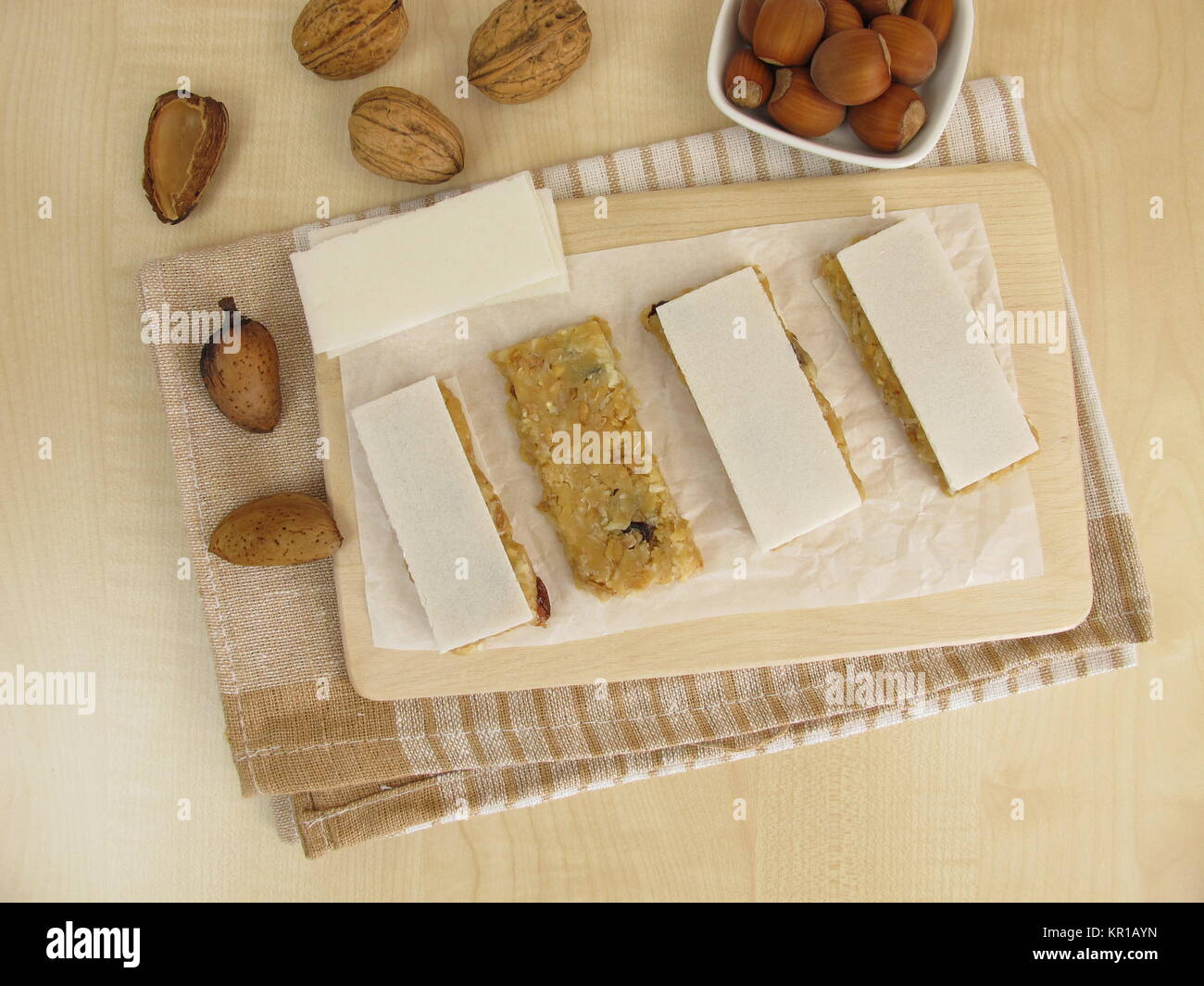 Homemade nut bars with almonds,hazelnuts,coconut and walnuts Stock