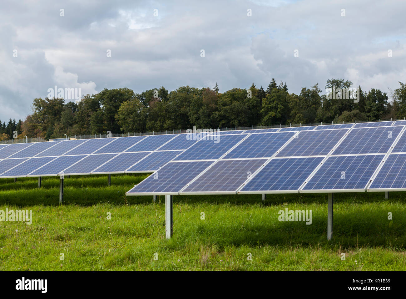 solar cells in a solar farm on green meadow Stock Photo