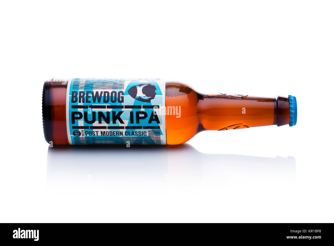 LONDON, UK - DECEMBER 15, 2017: Bottle of Punk Ipa post modern classic, from the Brewdog brewery on white background. Stock Photo