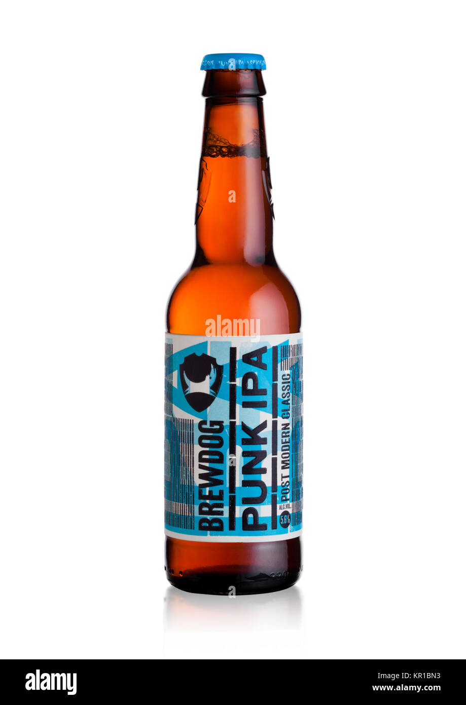 LONDON, UK - DECEMBER 15, 2017: Bottle of Punk Ipa post modern classic, from the Brewdog brewery on white background. Stock Photo