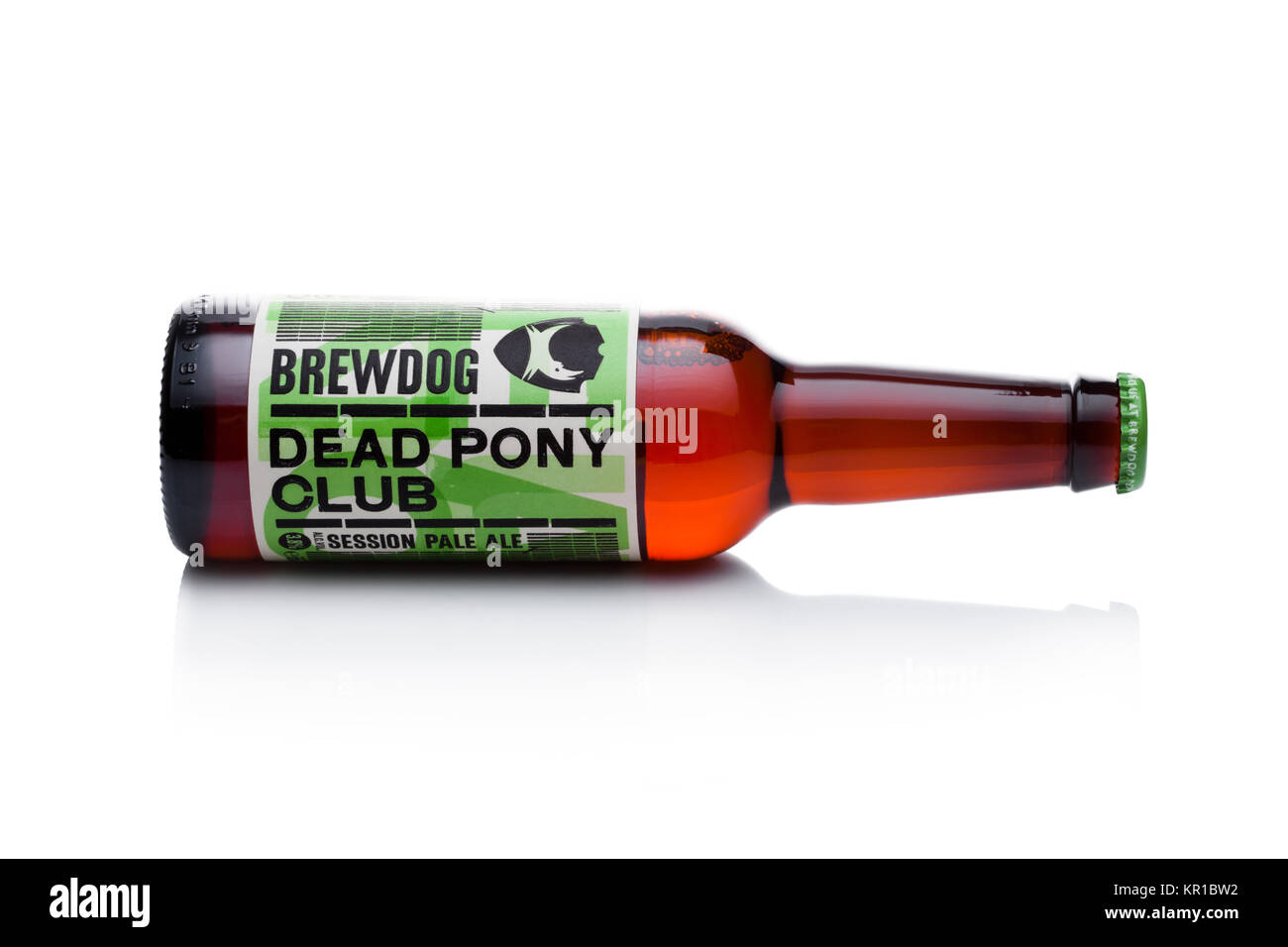 LONDON, UK - DECEMBER 15, 2017: Bottle of Dead Pony Club pale ale, from the Brewdog brewery on white background. Stock Photo