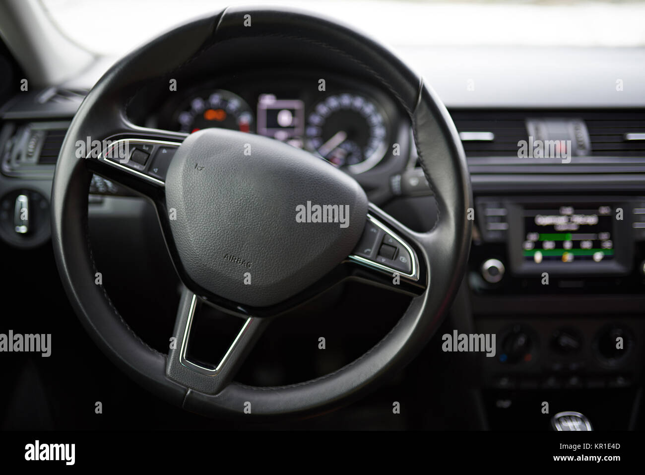 Modern car leather wheel with buttons and airbag Stock Photo Alamy