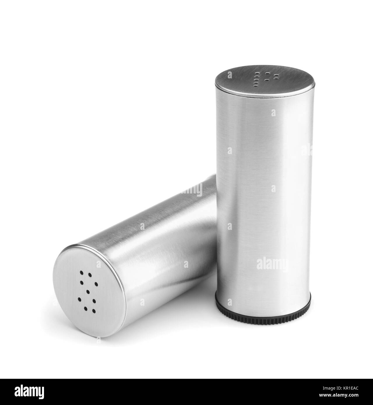 Metal salt and pepper shakers isolated on white background Stock Photo