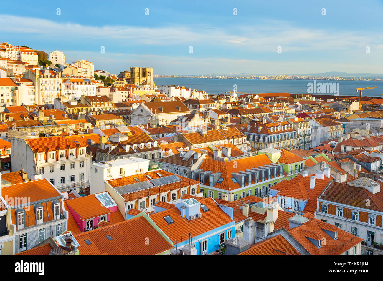 Skyline of Lisbon with famous Lisbon Cathedral at sunset. Portugal