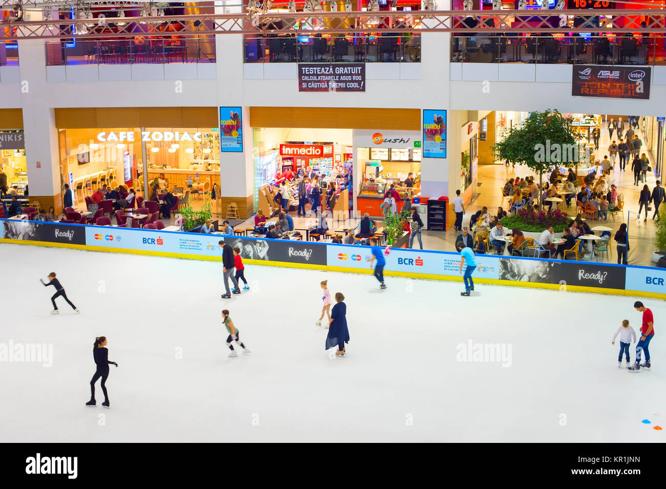 BUCHAREST, ROMANIA - OCT 14, 2016: People at ice rink at Controceni shopping mall in Bucharest Stock Photo