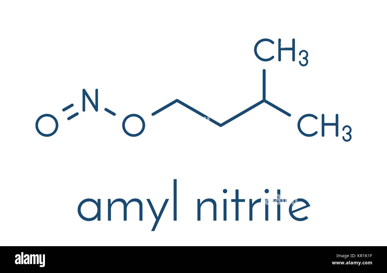 Amyl nitrite popper drug molecule. Also used as antidote to cyanide poisoning. Skeletal formula. Stock Vector