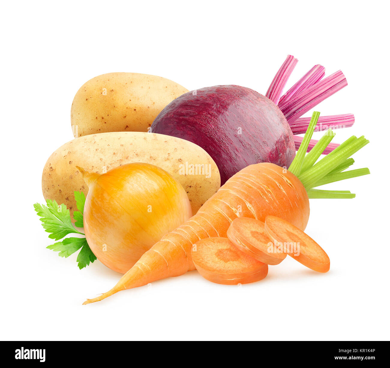 Isolated vegetables. Raw carrot, onion, potatoes and beetroot isolated