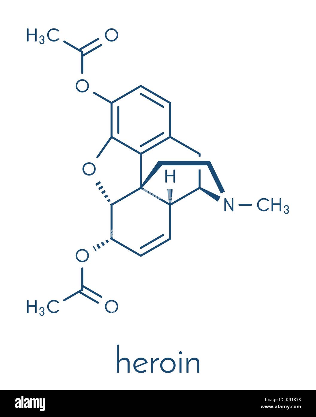 Heroin (diacetylmorphine, morphine diacetate, diamorphine) opioid drug molecule. Skeletal formula. Stock Vector