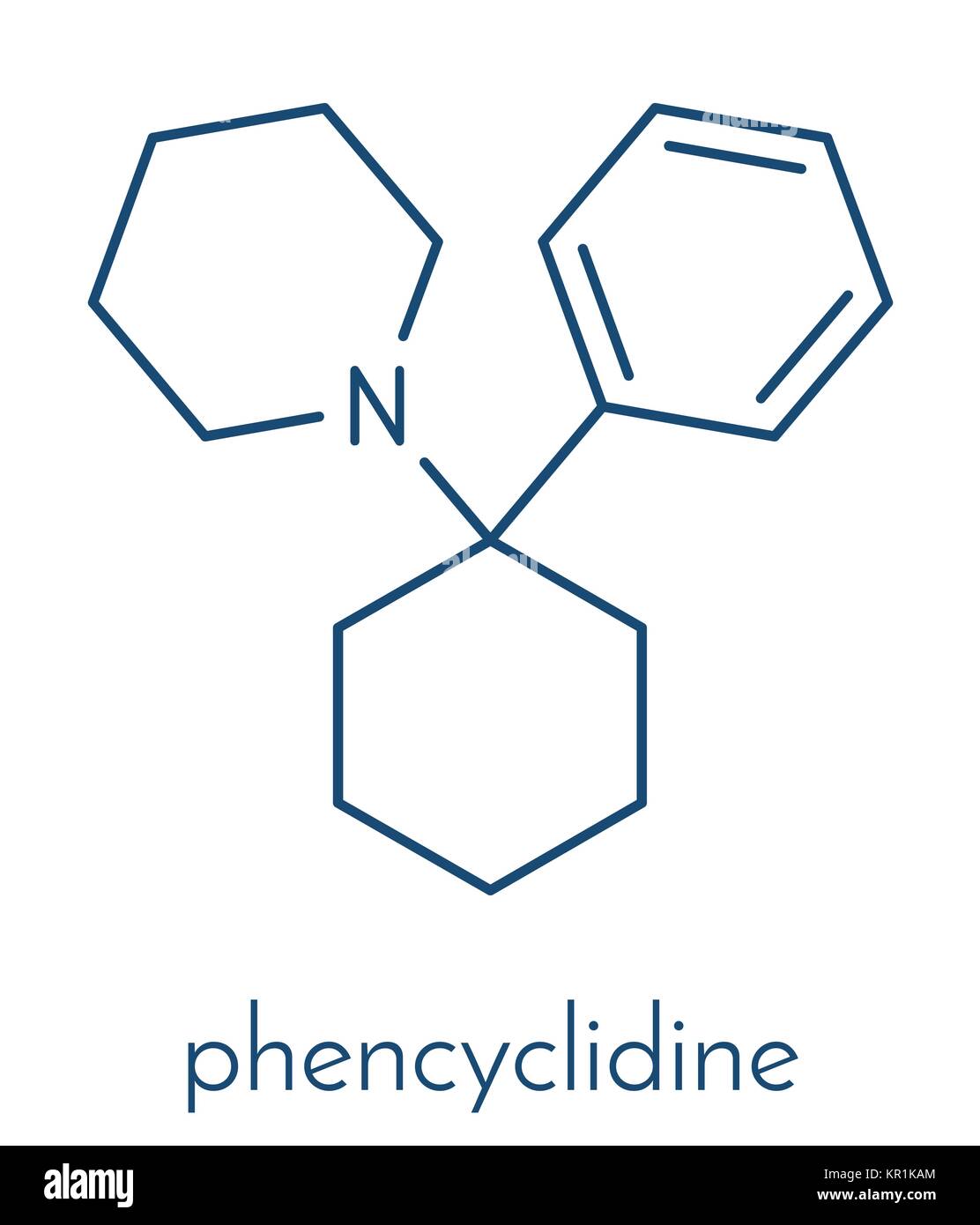 Phencyclidine (PCP, angel dust) hallucinogenic drug molecule. Skeletal