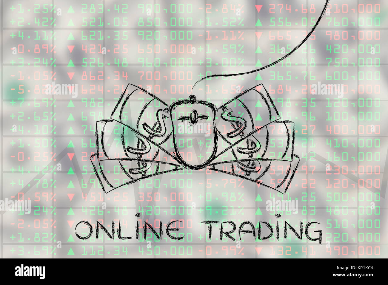 computer mouse with cash on top of stock exchange results, with text Online Trading Stock Photo