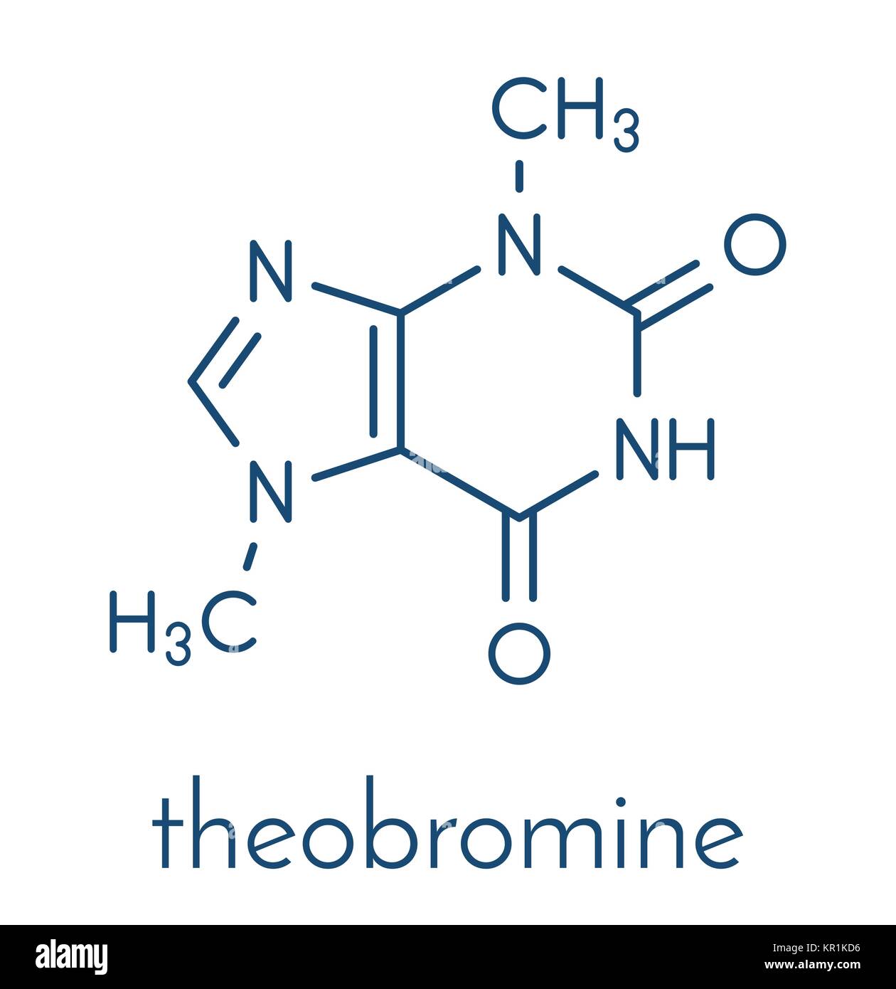 Theobromine (xantheose) chocolate alkaloid molecule. Present in cacao, tea, etc. Also used as drug. Skeletal formula. Stock Vector